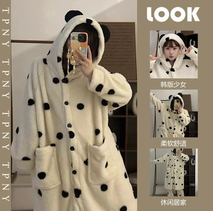 Korean Style Long Hooded Coral Fleece Sleepwear Women's Thickened Autumn Winter New Arrival Comfortable Home Leisure Robe