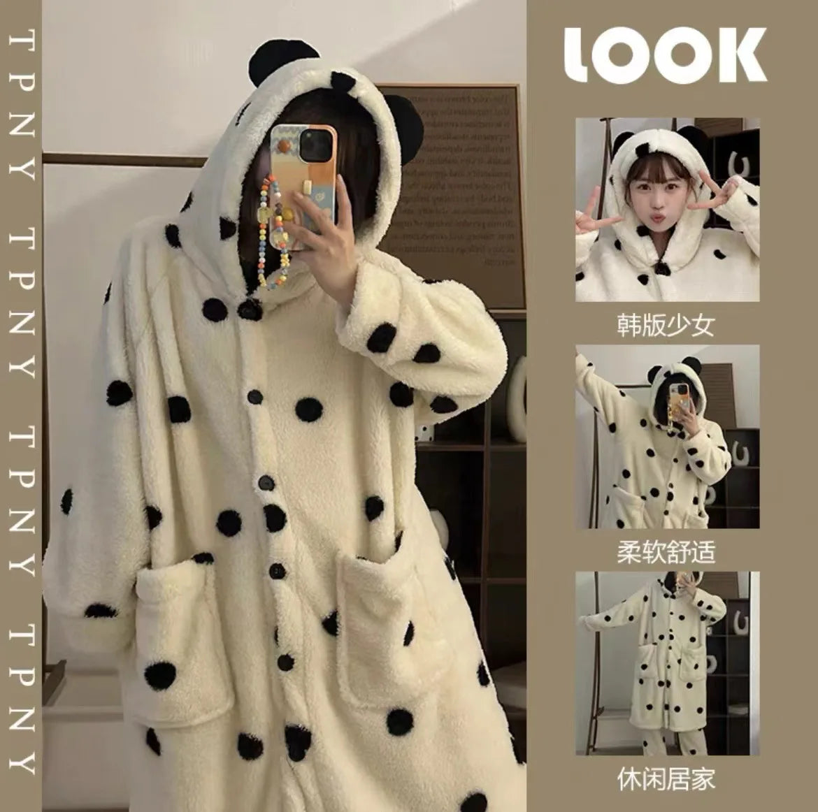 Korean Style Long Hooded Coral Fleece Sleepwear Women's Thickened Autumn Winter New Arrival Comfortable Home Leisure Robe