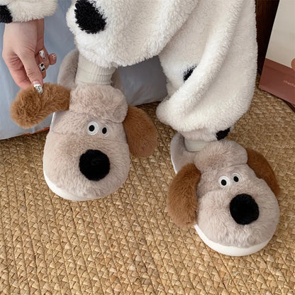 Women Home Soft Sole Cotton Slippers Cartoon Cute Dog Fluffy Slippers Female Winter Slides Ladies Plush Indoor Flats Flip Flops