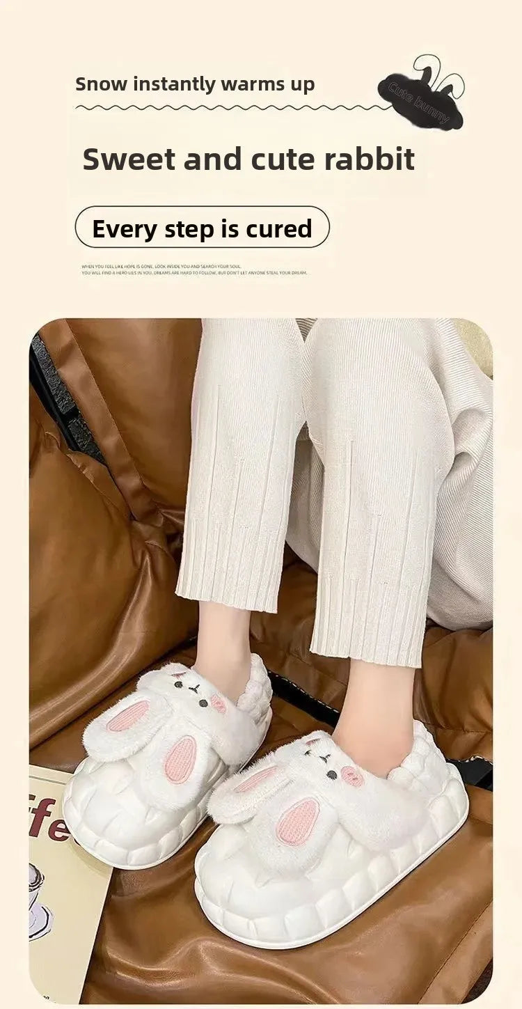 Women's Home Slippers Rabbit Fur Cotton Warm Anti-Slip Winter Outdoor Wearable Sweet Style Soft Cotton Lined House Shoes