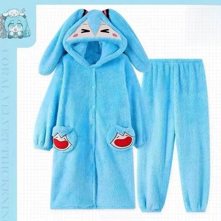 Cute Plush Bear Robe Women's Autumn Winter Coral Fleece Thickened One-Piece Sleepwear Home Clothes Robe Comfortable Homewear