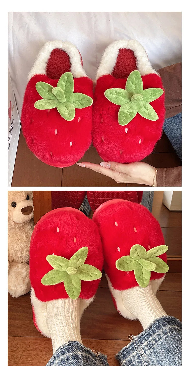 Cute Strawberry Fluffy Slippers Women's Indoor Home Warm Thick Bottom Anti-slip Outdoor Wearable Slip-On Indoor Slippers