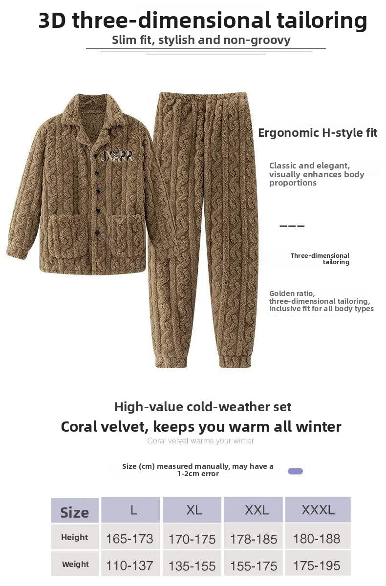 2025 Autumn Winter Coral Fleece Thickened Flannel Sleepwear Home Clothes Set for Men Breathable Long Sleeve Long Pants Pajamas