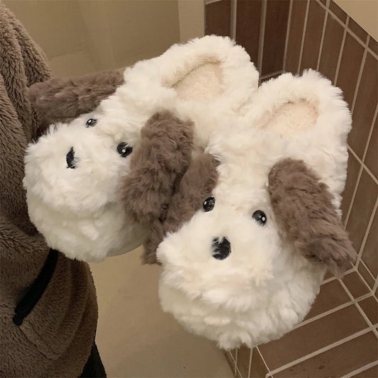 Short Fur Slippers for Women Winter Warm Furry Cozy Cotton Shoes for Home Indoor Cute Dog Couples Antiskid Slippers