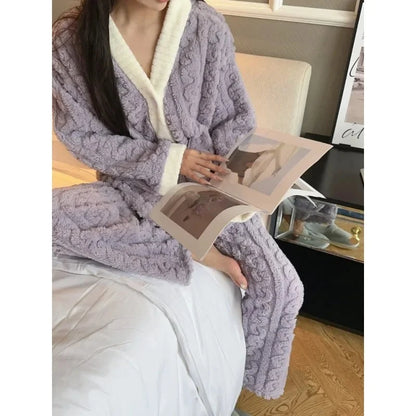 2pcs/Set Autumn and Winter Pajamas Women Thickened Padded Warm Students Coral Girls Clot Velvet Suit Homewear Cardigan Trousers