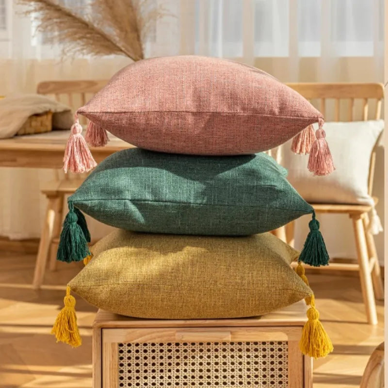 1/2Pcs Spring Throw Pillow Covers Linen Optic Sofa Tassel Pillow Cushion Cover Boho Gift Farmhouse Pillowcase Party Home Decor