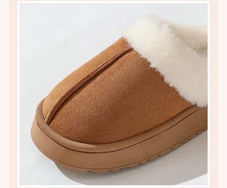 Women's plush slippers winter outdoor, thick sole non-slip fur flip flops with fur collar, warm unisex house shoes for home use