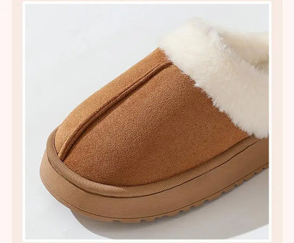 Women's plush slippers winter outdoor, thick sole non-slip fur flip flops with fur collar, warm unisex house shoes for home use