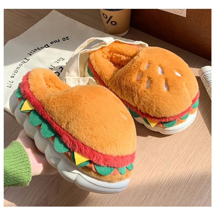 Hamburger cotton slippers for women in winter, new home bag and warm plush couple cotton shoes for women