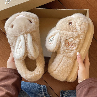 Cute Rabbit Embroidery Cotton Slippers Women's Winter New Style Indoor Home Anti-slip Warm Plush Wrapped Heel Cotton Shoes Ou...