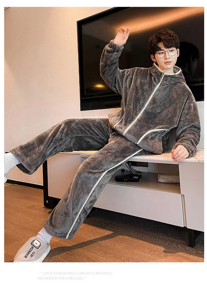 6XL 7XL 8XL Winter Men's Hooded Homewear Heavy Plus Velvet Zipper Cardigan Plus Size Pajamas Pants Keep Warm White Black Suit