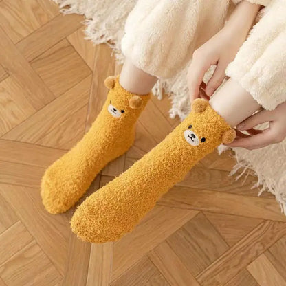 6 pairs of autumn winter coral fleece socks warm bear thick embroidery cartoon simple  comfortable mid tube socks