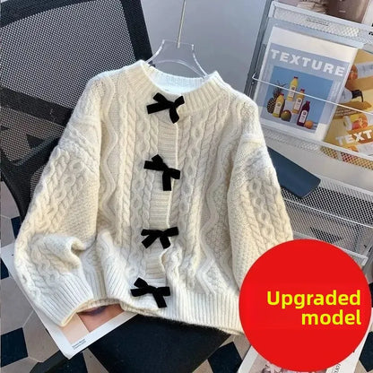 Women's Spring Autumn Butterfly Knot Sweater Coat Soft Tassel Twist Outerwear Cardigan round Neck Full Sleeve Retro Japanese Laz