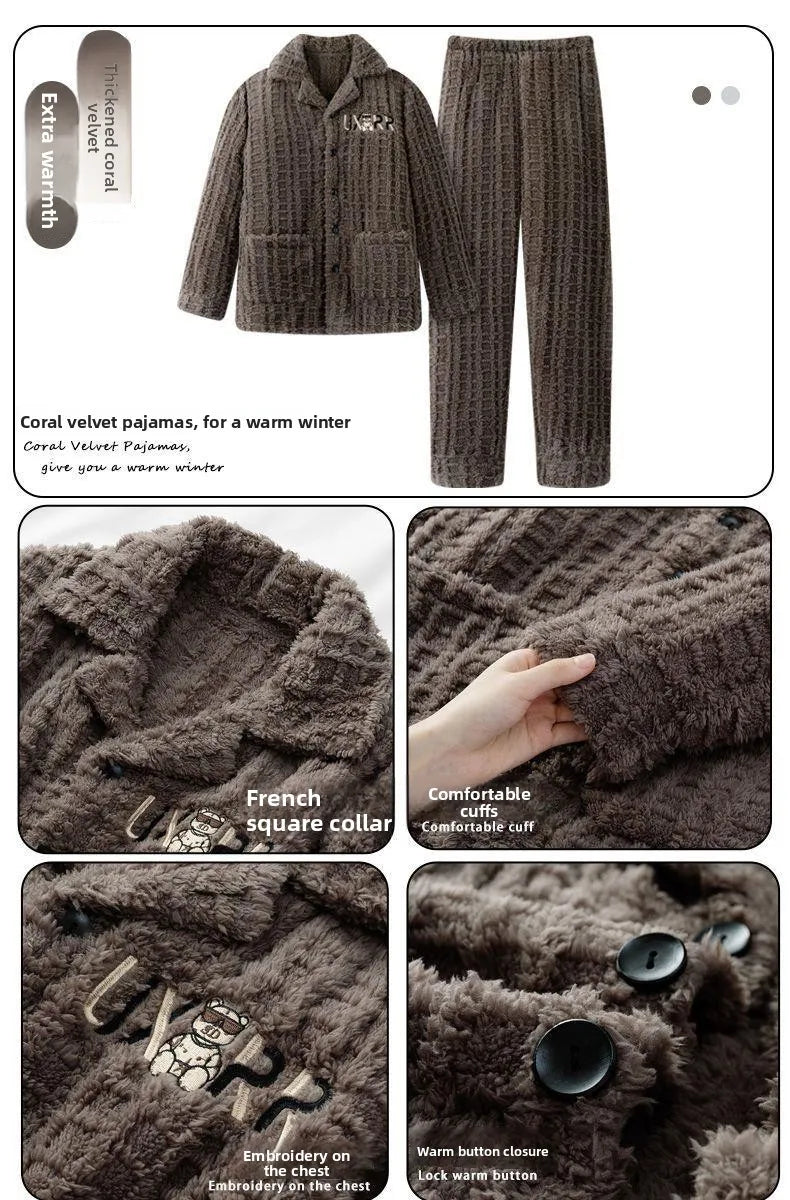 2025 Autumn Winter Coral Fleece Thickened Flannel Sleepwear Home Clothes Set for Men Breathable Long Sleeve Long Pants Pajamas