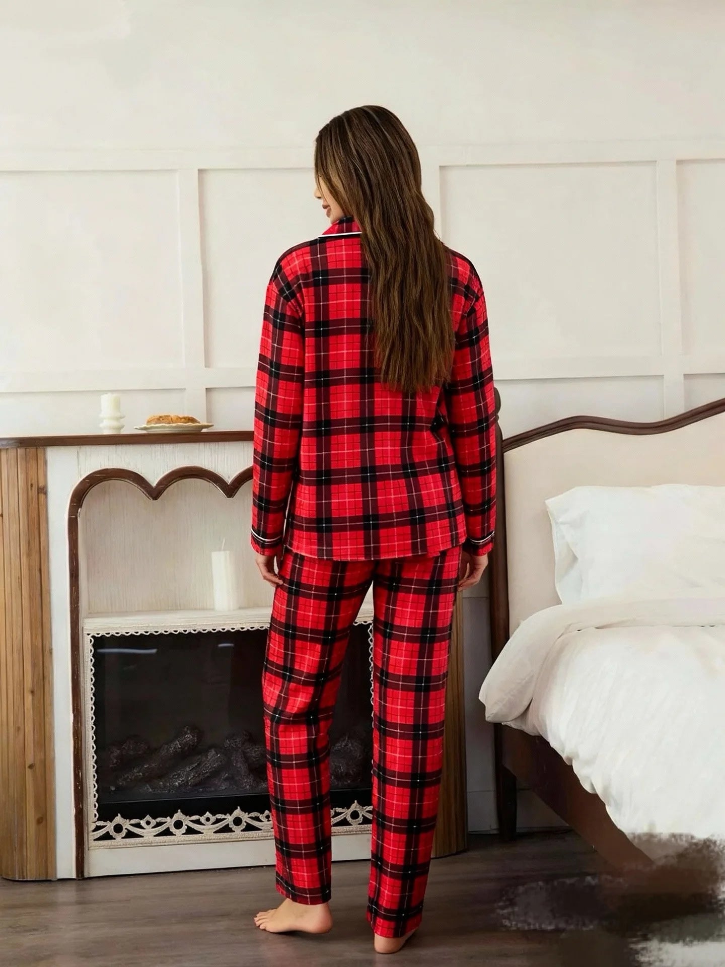 Casual Plaid Pajamas For Women Two Pieces Sleepwear Women's Pajama Trousers Loungewear Sets Nightwear Female Home Suit Clothes