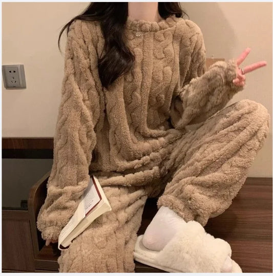 Autumn Winter Sweet Coral Fleece Pajamas Women Fleece-lined Thickened 2025 New Zip-up Flannel Warm Home Wear Set