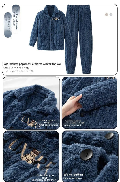 2025 Autumn Winter Coral Fleece Thickened Flannel Sleepwear Home Clothes Set for Men Breathable Long Sleeve Long Pants Pajamas