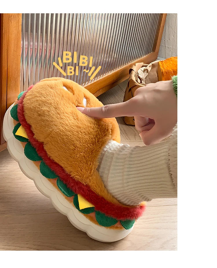 Hamburger cotton slippers for women in winter, new home bag and warm plush couple cotton shoes for women