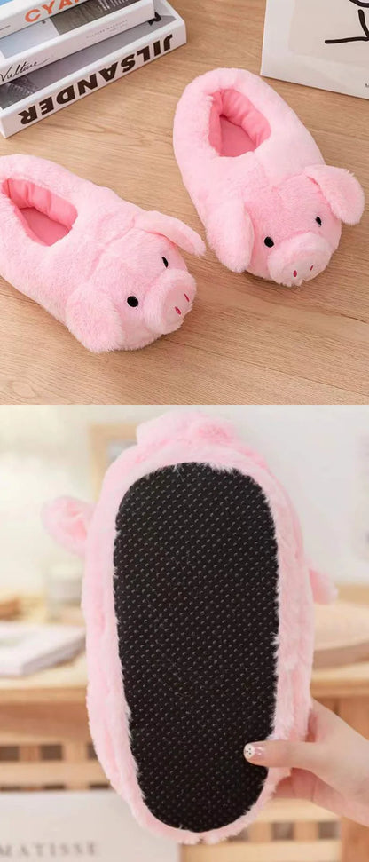 Cute Cartoon Pig Winter Warm Shoes Women Heel Cover Home Floor Slippers Soft Fur Indoor Fluffy House Bedroom Slides For Girls
