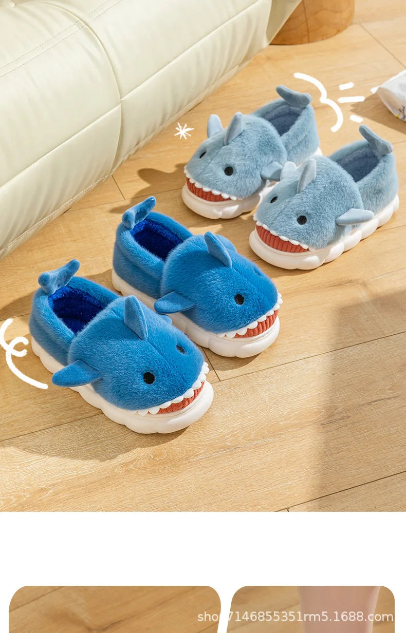 Warm Anti-Slip Plush Slippers Shark Style Women's Winter Home Wear Outdoor Fashionable Cotton Shoes Men's Comfortable Slip-On