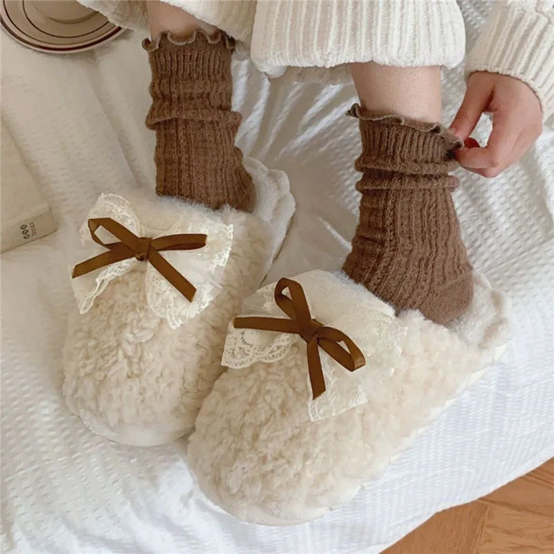 Winter Warm Fur Slippers for Women Cute Bow House Non Slip Soft Shoes Comfort Flat Heel Home Indoor Bedroom Plush Cotton Slides