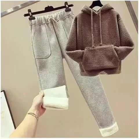 Thickened Lamb Velvet Set Women's Autumn Winter New Embroidery Sweatshirt Women's + Wool Wide Leg Pants Women Two Piece Set