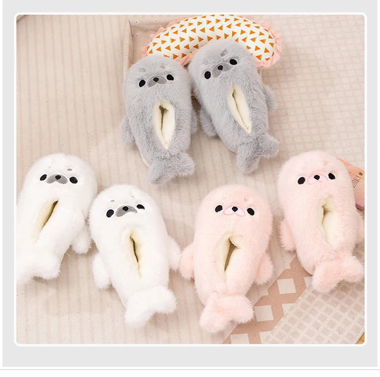 Little Seal Fluffy Home Slippers Anti-Slip Indoor Floor Shoes Cartoon Cute Plush Thicken Warm Cotton Shoes