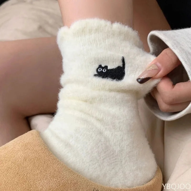 3 pairs of thick socks for women in autumn winter thick plush warm mid tube socks cartoon cute cat comfortable socks