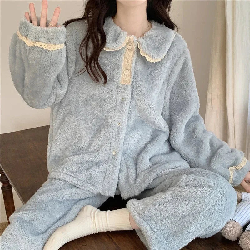 2024 New Women's Sleepwear Autumn/Winter Thickened Fleece-Lined Sweet Cute Coral Velvet Home Suit Cross-Border