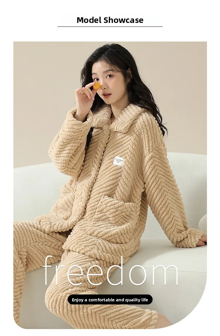 Warm Flannel Sleepwear Set for Women Long Sleeve Long Pants Casual Collar Can Be Worn outside Home Clothes Winter Collection