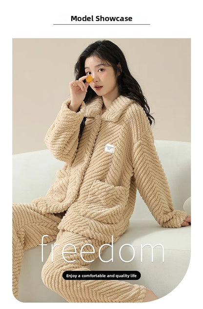 Warm Flannel Sleepwear Set for Women Long Sleeve Long Pants Casual Collar Can Be Worn outside Home Clothes Winter Collection