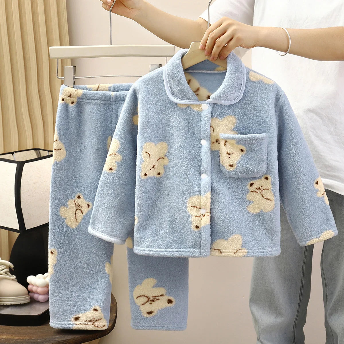 Boys Girls Autumn Winter Soft Flannel Pajamas Sets Toddler Baby Cute Cartoon Lapel Coat with Pants Pyjamas Kids Casual Sleepwear