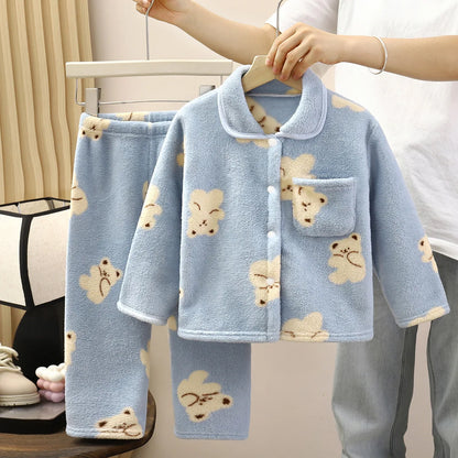 Boys Girls Autumn Winter Soft Flannel Pajamas Sets Toddler Baby Cute Cartoon Lapel Coat with Pants Pyjamas Kids Casual Sleepwear