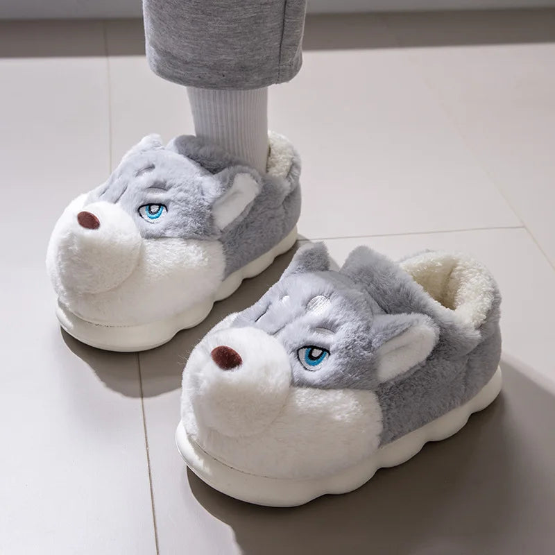 Men Home Cotton Slippers Cute Cartoon Dog Winter Warm Shoes For Couples Soft Plush Anti-slip Male Female Indoor Fluffy Slides