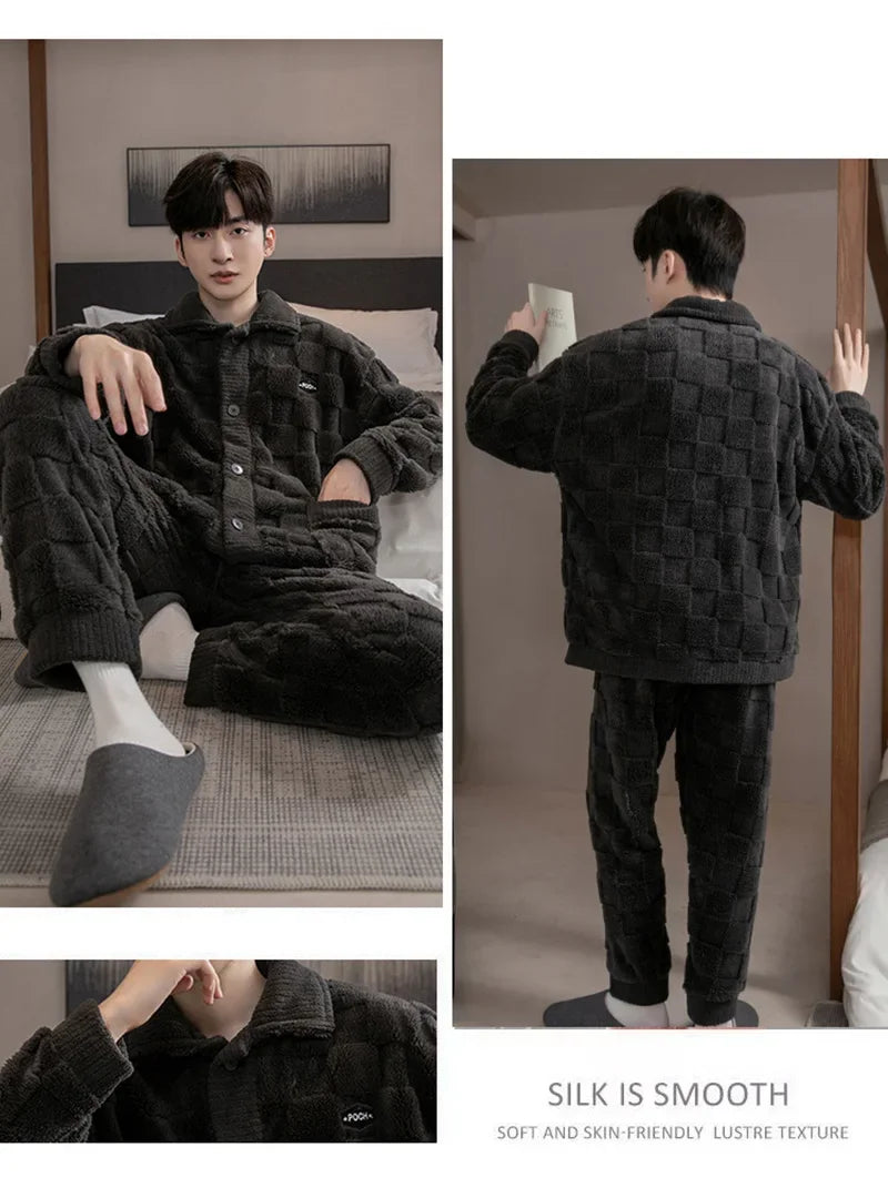2Pcs/set men's pajamas autumn and winter padded and thickened warm long-sleeved trousers coral fleece homewear men's clothing