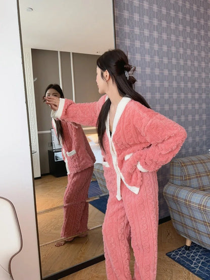 2pcs/Set Autumn and Winter Pajamas Women Thickened Padded Warm Students Coral Girls Clot Velvet Suit Homewear Cardigan Trousers