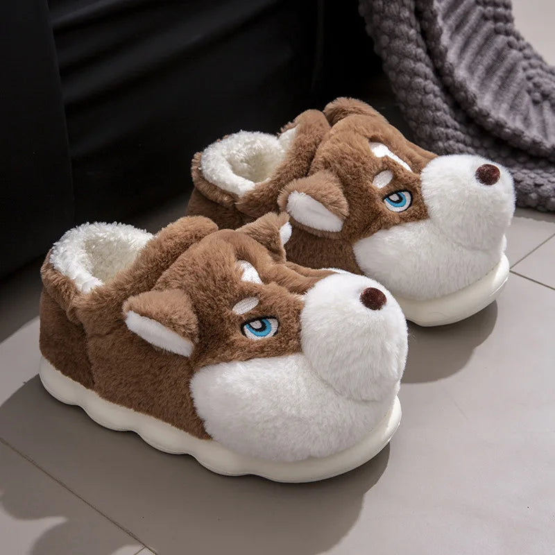 Women Indoor Cotton Slippers Cute Cartoon Dog Winter Warm Shoes Couples Home Floor Slides Anti-slip  Female Male House Footwear