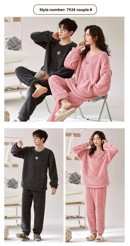Thickened Coral Fleece Long Sleeve Sleepwear for Couples Spring Autumn Winter Flannel Warm Home Clothes Men Women Winter Home Py
