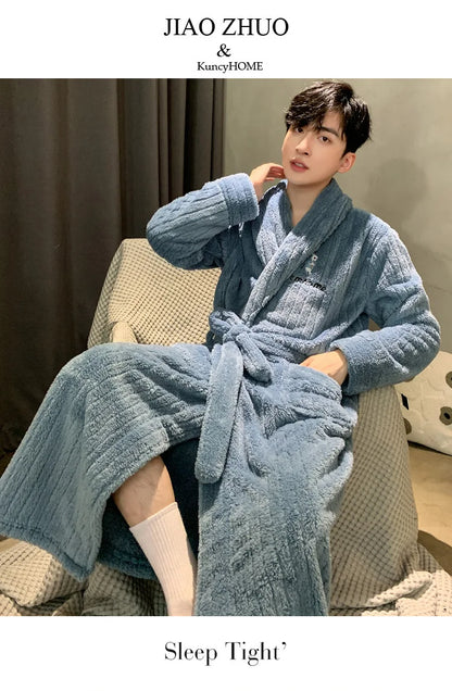 Turn-down V-neck Robes for Men 2025 New Winter Warm Flannel Robes Solid Soft Thick Fleece Sleepwear Male Casual Loose Home Wear