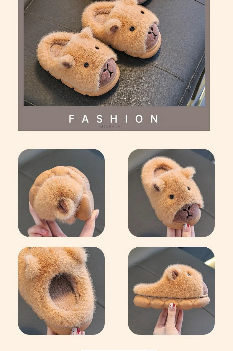 Cute Capybara Cotton Slippers for Children Winter 2025 New Warm Fluffy Home Shoes for Anti Slip Plush Slippers for Children