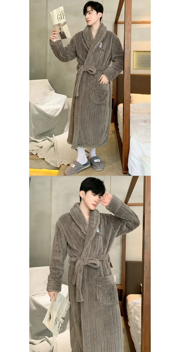 Turn-down V-neck Robes for Men 2025 New Winter Warm Flannel Robes Solid Soft Thick Fleece Sleepwear Male Casual Loose Home Wear