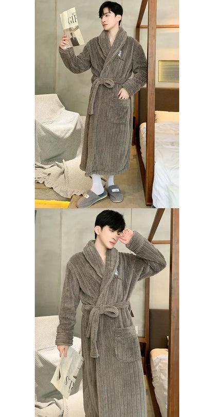 Turn-down V-neck Robes for Men 2025 New Winter Warm Flannel Robes Solid Soft Thick Fleece Sleepwear Male Casual Loose Home Wear