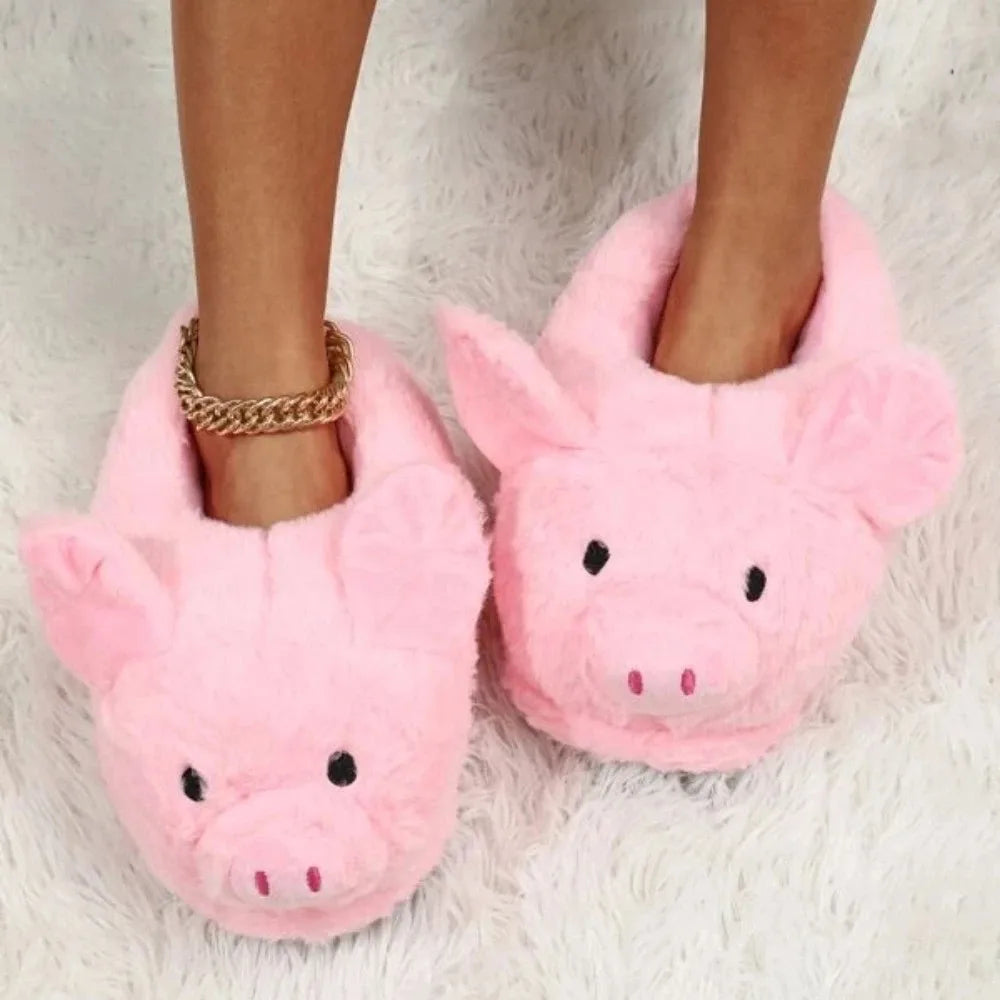 Women's House Fur Slippers Casual Cute 3D-shaped Lovely Pig Shark Design Pink Winter Indoor Non-slip Warm Soft Soles Comfy Home