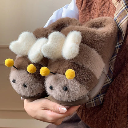 Cute Bee Winter Home Plush Slippers Women's Cotton Slippers Low Heel Soft Bottom Home Shoes Anti-slip Furry Comfortable Footwear