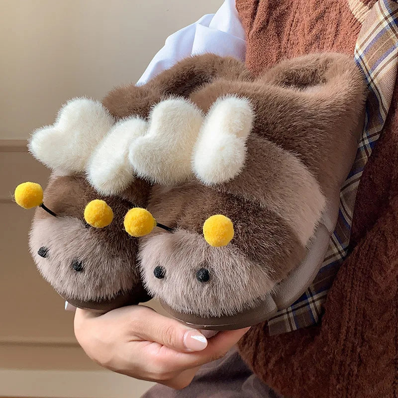 Cute Bee Winter Home Plush Slippers Women's Cotton Slippers Low Heel Soft Bottom Home Shoes Anti-slip Furry Comfortable Footwear
