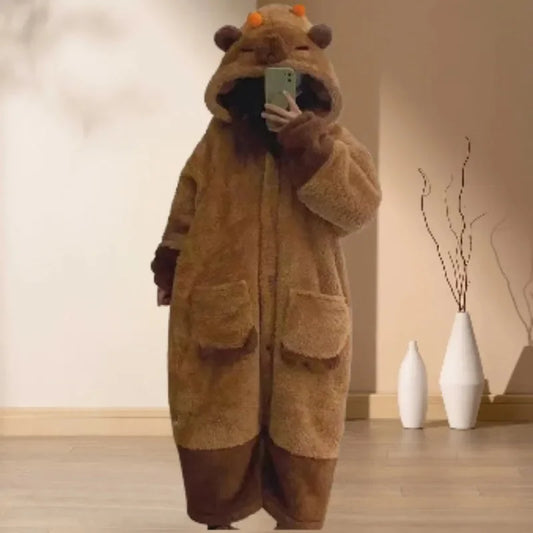 Bathrobe Woman Showerpadded Warm Plus Size Cartoon Bear Pajamas Coffee Color Dressing Gown Coral Velvet One-Piece Pajamas