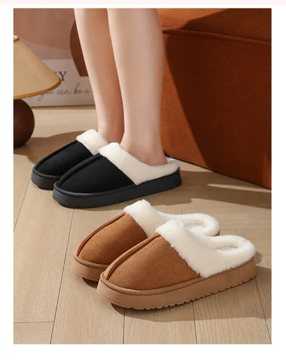 Women's plush slippers winter outdoor, thick sole non-slip fur flip flops with fur collar, warm unisex house shoes for home use