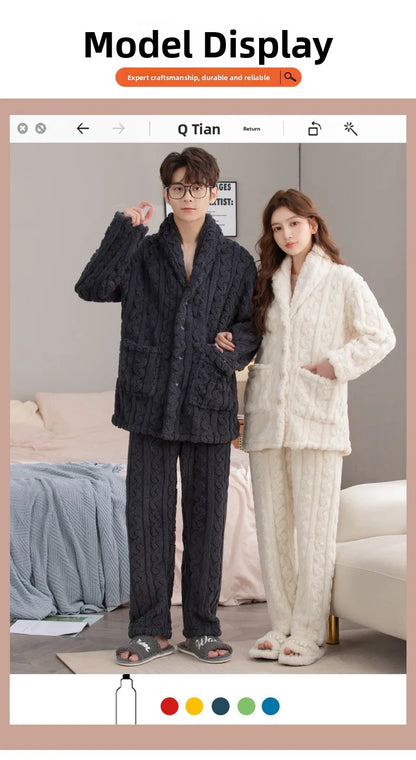Thickened Coral Fleece Flannel Pajamas Set for Men And Women Home Clothes Comfortable Long Sleeve Sleepwear Winter Autumn