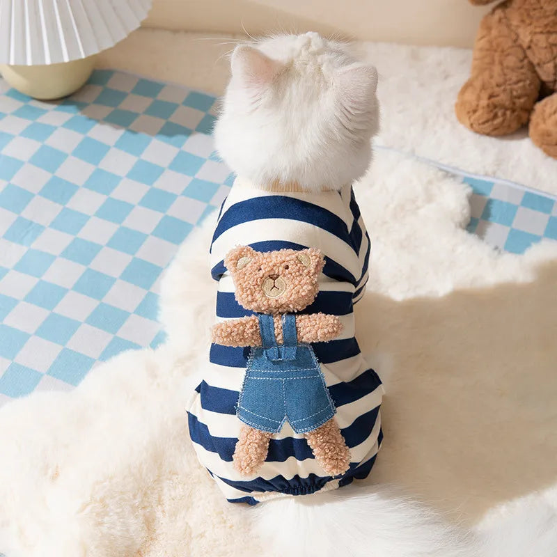 Striped Pet Dog Jumpsuit Spring Autumn Medium Small Dog Clothes Cute Bear Pattern Pet Pajamas Kitten Puppy Sweatshirt Dog Coat