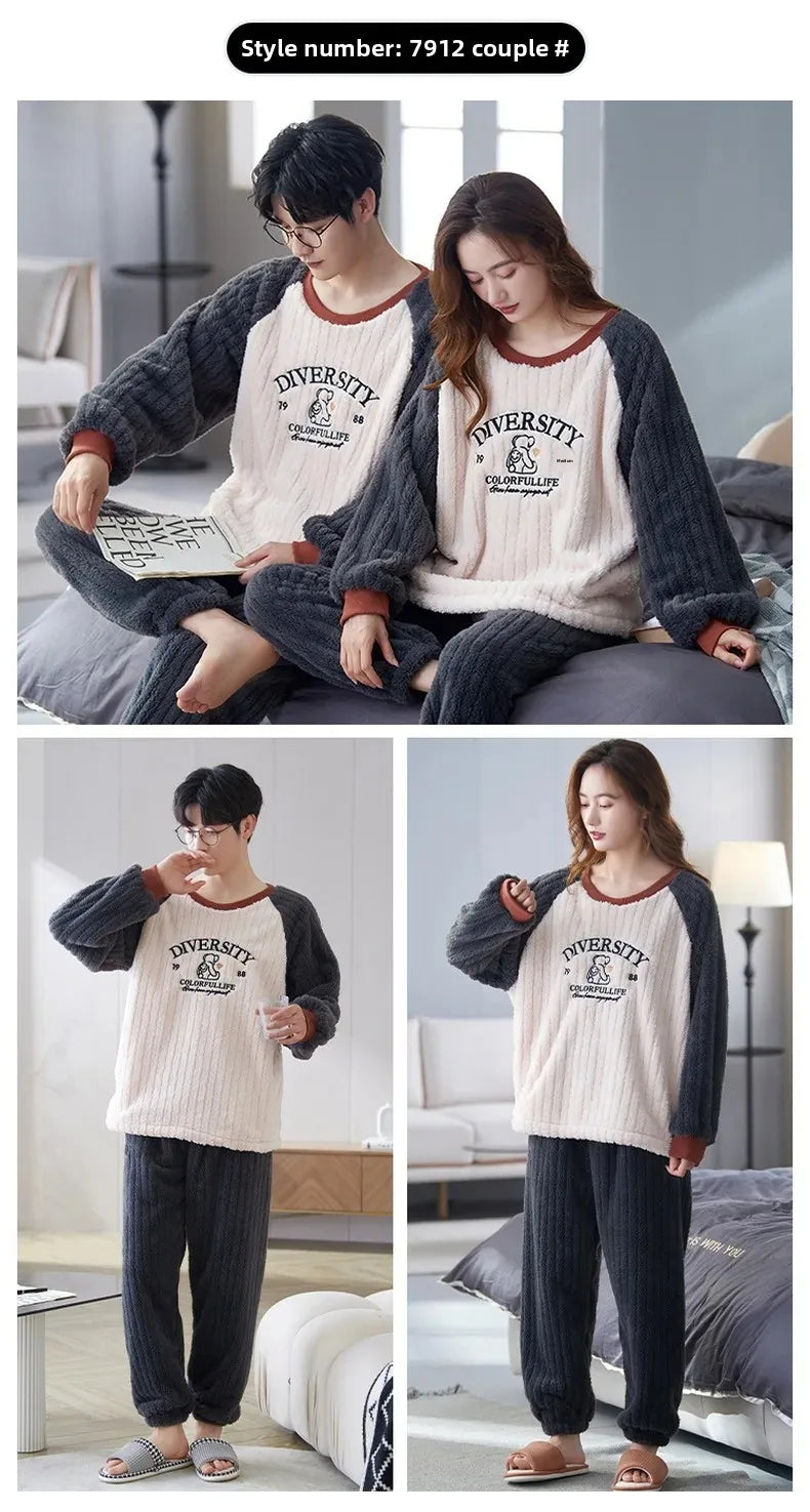 Thickened Coral Fleece Long Sleeve Sleepwear for Couples Spring Autumn Winter Flannel Warm Home Clothes Men Women Winter Home Py